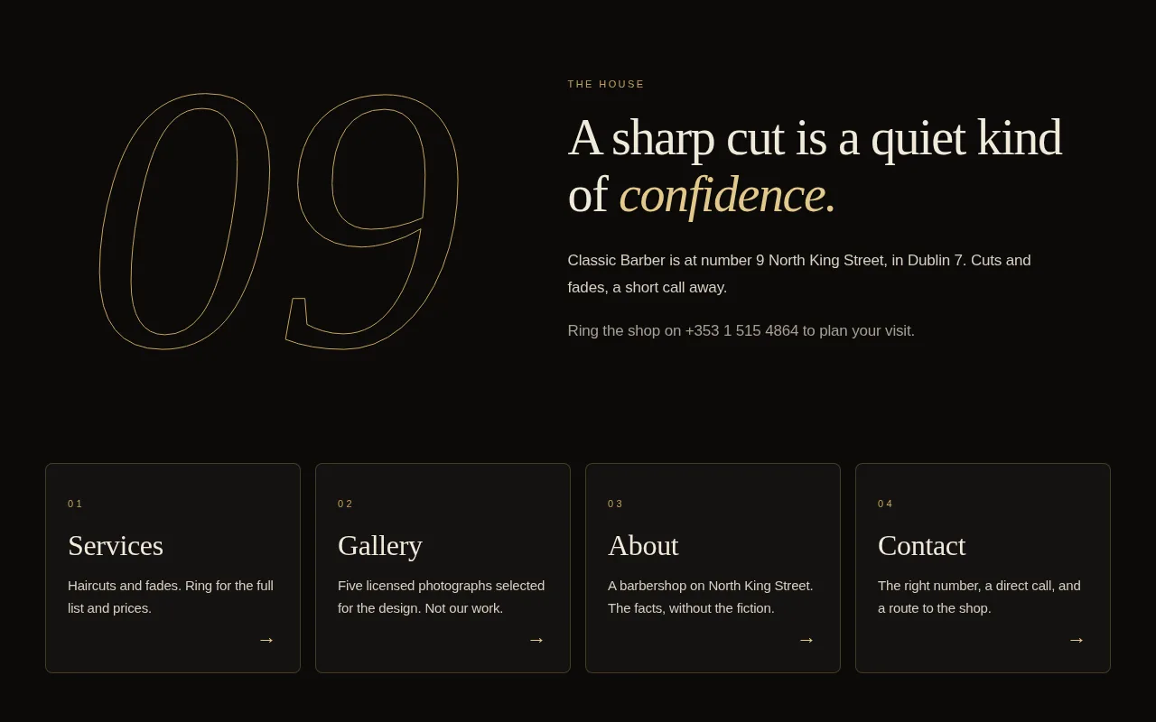 Desktop sections of the Classic Barber concept: introduction and four navigation cards