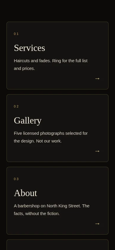 Mobile view of the four Classic Barber navigation cards
