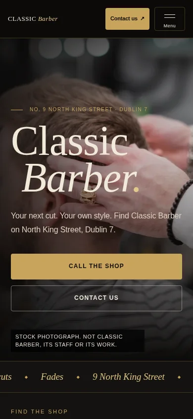 Mobile screenshot of the same Classic Barber design concept