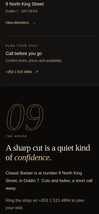 Mobile view of the Classic Barber introduction with address and call details